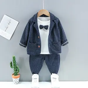 Wholesale Casual Stripe Navy 3 Pieces Baby Boys Forma Suits Blazers Summer Kids Designers Clothes T-shirts Polo Shirts 1-4 Years