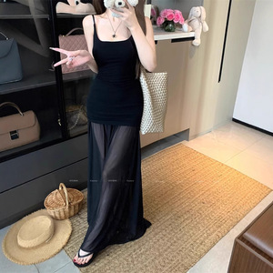 Black Spaghetti Strap Bodycon Maxi Dress Solid Color Tight Waist Stretch Knit Slip Dress For Women Casual Summer Wear - Product Image 1