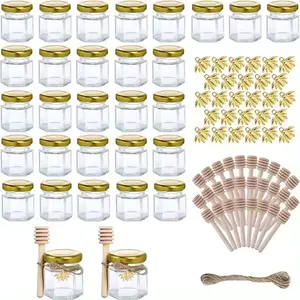 Fabricantes de estoque de Natal pote de vidro de 1,5 onças pote de mel pote de vidro mini hexágono pote de mel com dipper de madeira