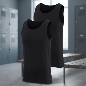 Camiseta sin mangas de algodón negra para hombre, cuello redondo, color sólido, informal, tejida - Product Image 3