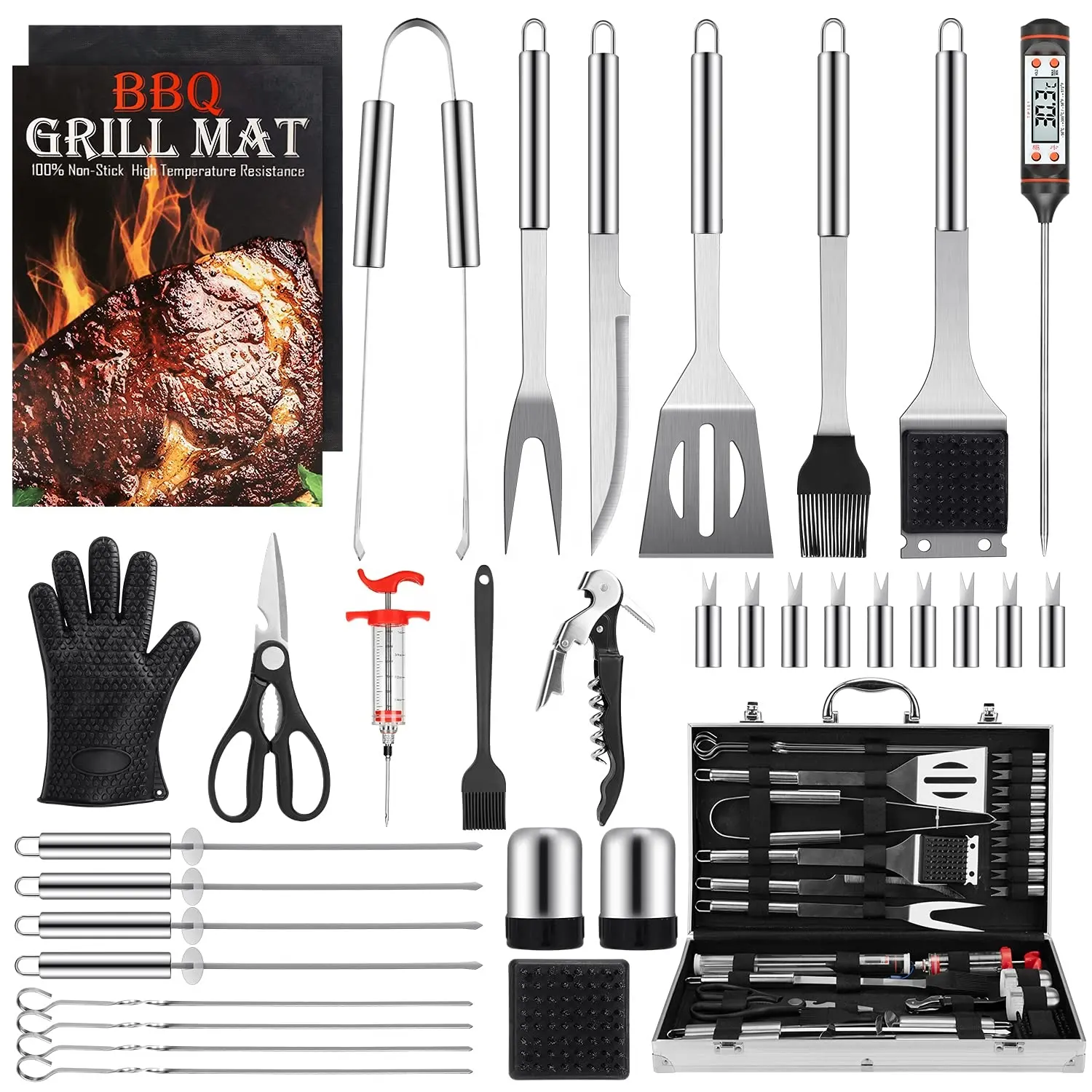 34 Stuks Rvs Bbq Tools Grill Accessoires Zware Outdoor Bbq Set Met Aluminium Behuizing