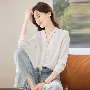 Elegant Long Sleeve Shirt Women Purple V Neck Satin Wrap Tie Office Blouse Solid Color Polyester Fabric - Product Image 4