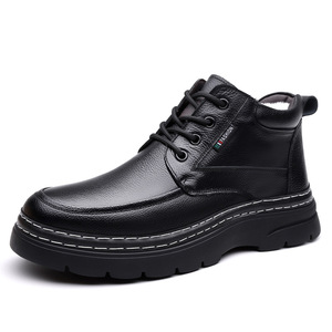 Bottes à lacets en cuir véritable pour hommes, bout rond, doublure en fourrure, semelle extérieure en caoutchouc, bottes d'hiver chaudes antidérapantes pour la neige - Product Image 5