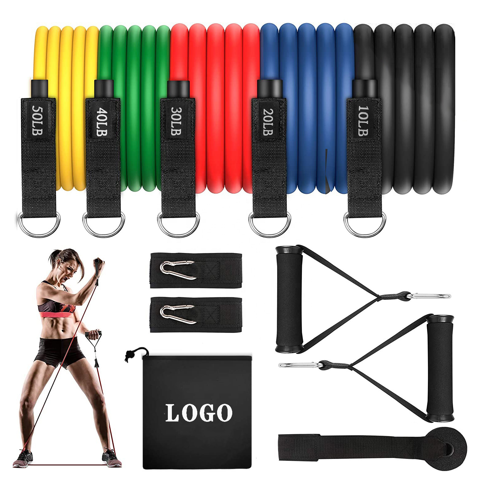 Fitness Yoga Home Gym Equipment Workout Stackable Up to 150lb 11pcs Exercise Resistance Tubes Bands Set with Door Anchor Handles