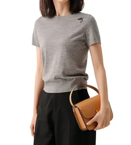 T-shirt da donna in maglia di base morbida girocollo grigio di alta qualità