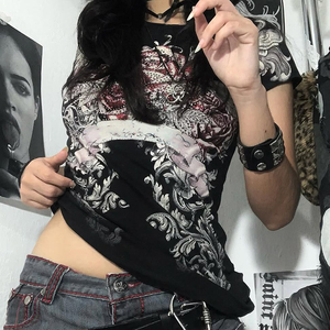 Vintage Gothic Print Slim Fit T Shirt Women Short Sleeve Crew Neck Graphic Tee Y2K Street Style Casual Summer Top - Product Image 3