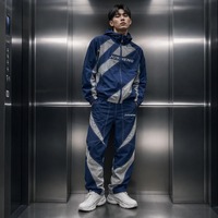 Ensemble de survêtement homme/femme avec veste coupe-vent à capuche zippée et pantalon de survêtement, panneaux réfléchissants, ensemble sportif bleu marine
