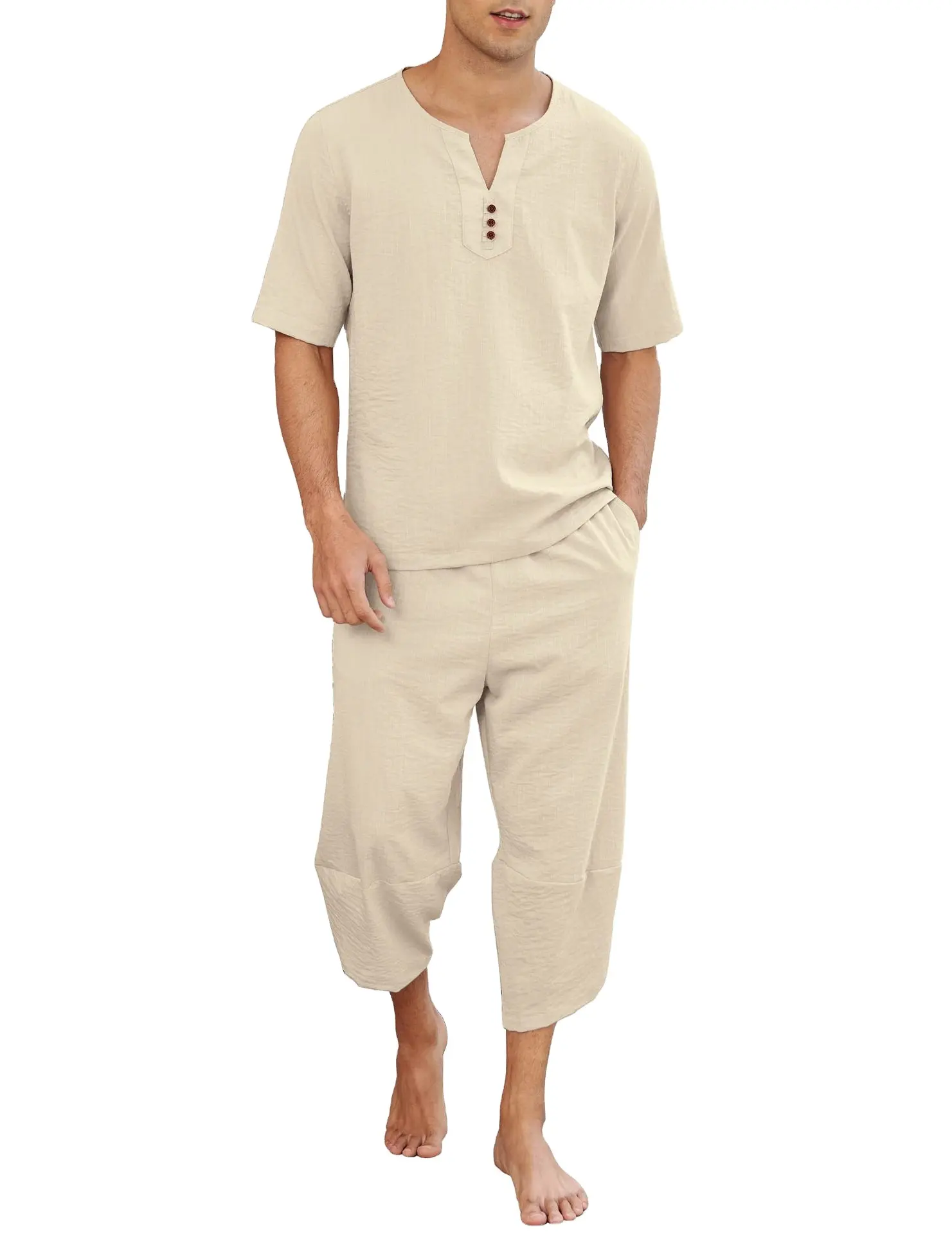 Grosir Kemeja Linen Unisex dan Celana Celana Set 2 Potong Logo Kustom T-Shirt Linen dan Celana Pendek Set