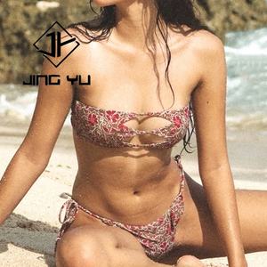 Conjunto de Bikini Hawaiano con Estampado Calado y Nudo, Traje de Baño de Poliéster Personalizado - Product Image 4