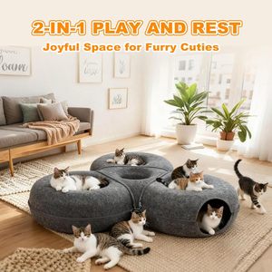 <span class=keywords><strong>Cat</strong></span> <span class=keywords><strong>Cave</strong></span> & Tunnel Bed for Large Cats Round Shape Removable Felt Pet Bed Triangular Donut, Scratch-Resistant - Product Image 4