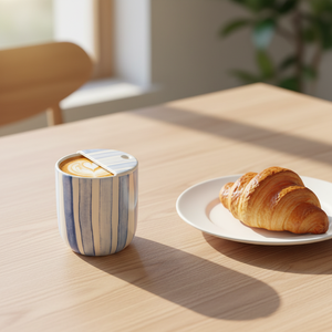 Taza de Café de Cerámica de 10 oz, Azul con Rayas, Pintada a Mano, Resistente al Calor, Antideslizante, con Tapa Integrada y Orificio para Beber, Regalo para Amantes del Café - Product Image 5