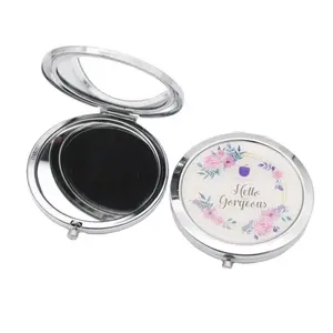 Custom metal compact cosmetic pocket mirror with epoxy sticker