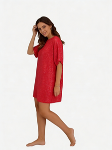 Minivestido rojo brillante de manga corta y corte holgado – Esencial para fiestas navideñas y de fin de año para mujer - Product Image 5