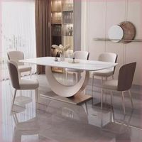 Ensemble de table à manger moderne avec plateau rectangulaire en pierre frittée et 6 chaises ergonomiques en cuir