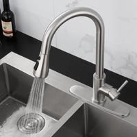Robinet de cuisine commercial en acier inoxydable à poignée unique, à arc élevé, moderne, avec douchette extractible à trois fonctions en céramique pour évier