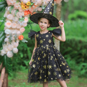 Disfraz de bruja para niños, vestido negro con estampado de copos de nieve dorados, vestido de fiesta de Halloween para niñas - Product Image 1