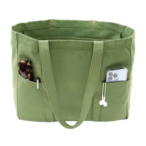 Sacola de compras casual grande verde para praia personalizada com 2 bolsos frontais, sacola de compras diária resistente de algodão