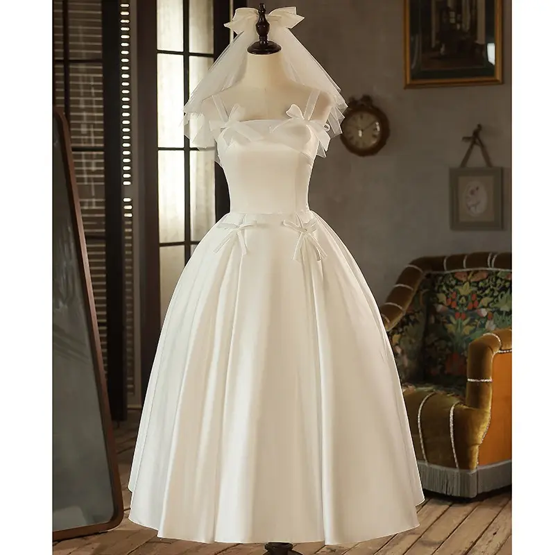 2799 sposa coreana spalline spalline abito da ballo Bowknot raso bianco chiaro abito da sposa da esterno