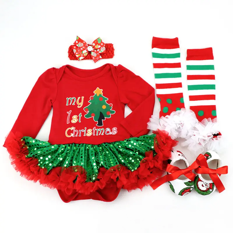 Pasgeboren Baby Gedrukt Kerst Baby Kleding Set Kerst Tutu Jurk Meisje Romper Met Hoofdband, Schoenen, sok 4 Stuks Set