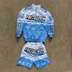 Custom High Quality Nylon <b>Retro</b> Color Block Motocore Graphic Print Mens Windbreaker Jacket and Shorts <b>Tracksuit</b> Set - Product Image 1