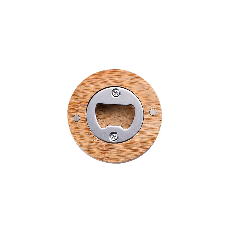 MOQ rendah kustom ukiran Logo kayu pembuka bir kulkas Magnet bulat Pembuka Botol kayu untuk Souvenir