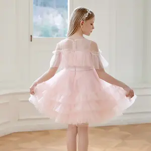 Moda alta qualidade boutique elegante criança menina roupas rosa tule princesa vestido de noiva roupas infantis para meninas