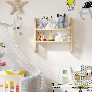 Wooden <b>Wall</b> <b>Mounted</b> Double Layer <b>Shelf</b> Rattan Storage Rack For Living Room Kitchen Organization Durable Rectangle Design - Product Image 2