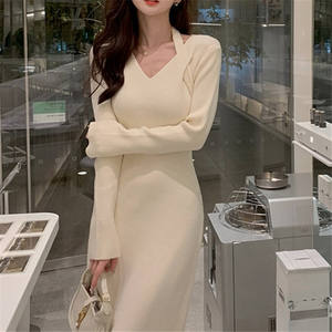 <span class=keywords><strong>Robe</strong></span> <span class=keywords><strong>pull</strong></span> en maille ajustée à col personnalisé, nouvelle collection automne-hiver, avec manteau et jupe longue fendue - Product Image 1