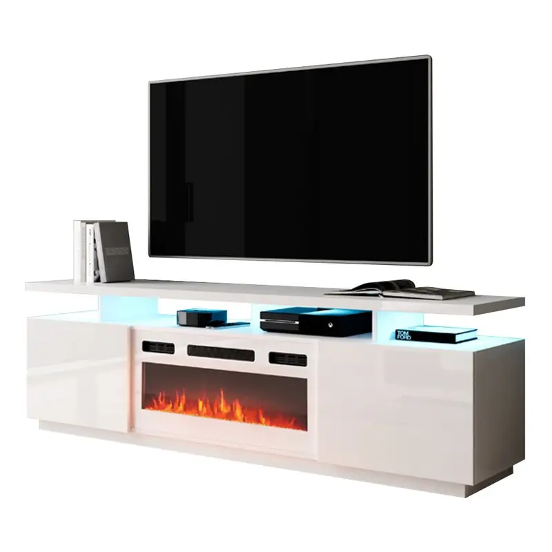 Soporte de Tv lcd eléctrico con chimenea, accesorio de madera moderna, grande, blanco, 70 pulgadas, almacenamiento