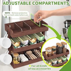 202509 mensola per tè in legno 3 piani Organizer per bustine <span class=keywords><strong>da</strong></span> tè a <span class=keywords><strong>parete</strong></span> con partizioni 4 ganci - Product Image 4