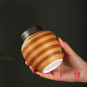 Handmade Bamboo Woven Ceramic Tea Caddy Screw Cap Airtight Jar For Pu'er Tea Storage - Product Image 3