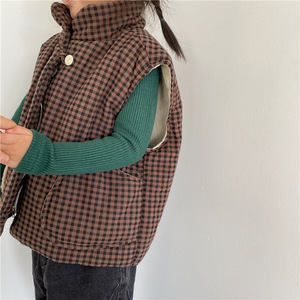 Gilet en coton à carreaux avec grandes poches pour enfants, gilet <span class=keywords><strong>sans</strong></span> manches en coton avec boutons pour garçon et fille, veste à capuche - Product Image 3