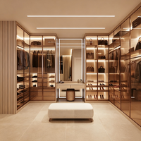 Système de dressing de luxe sur mesure en bois avec coiffeuse, miroir LED et armoires vitrées