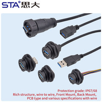 Conector USB 3.0 Hembra de Montaje Trasero para PCB, Impermeable IP67, E16 1''20, Rosca Bayoneta UNEF, con Cable 24AWG