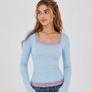 เสื้อสตรีคอเหลี่ยมแต่งลูกไม้ถักแขนยาวทรงเข้ารูปยืดได้สีพื้นลำลองสำหรับฤดูใบไม้ร่วงจากจีน - Product Image 6