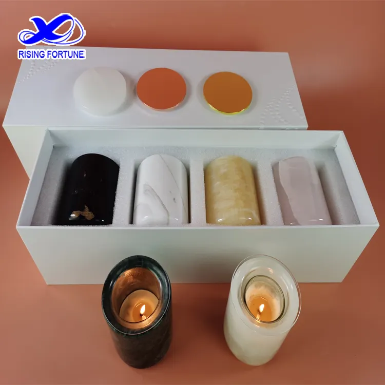 Best selling gift box packaging luxury stone candle holders with lid and glass insert for home decoration