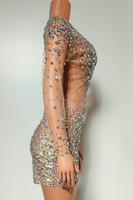 Madame Mesh Tight and Sexy Deep V Luxurious Rhinestone Hip Hugging Short Skirt Party Banquet Host Performance Costume