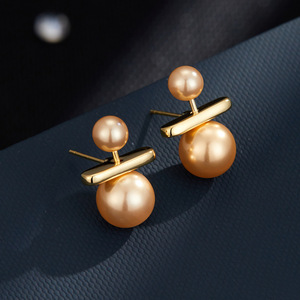 Faux Pearl Balance Stud Earrings Geometric Design 14k Gold <b>Post</b> Imitation Pearl Women's Party Jewelry - Product Image 1
