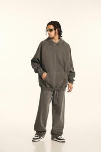 Set Hoodie dicuci asam antik rajutan musim gugur 100% katun-Pullover besar kustom 3D dasi Jacquard cetak pewarna depan panjang bertudung - Product Image 4