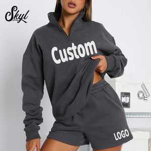 Sweat-shirt à capuche personnalisé pour femmes avec logo en coton Pull à quart de fermeture éclair Pull-over à demi-fermeture éclair surdimensionné Sweat-short Ensemble 2 pièces - Product Image 2