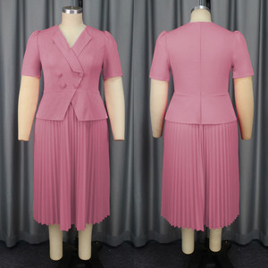 AM040922 Vestidos de Trabajo Modernos para Mujer, Traje Casual con Cuello de Solapa, Manga Corta, Doble Botonadura, Vestido Plisado, Formal de Negocios para Oficina - Product Image 5