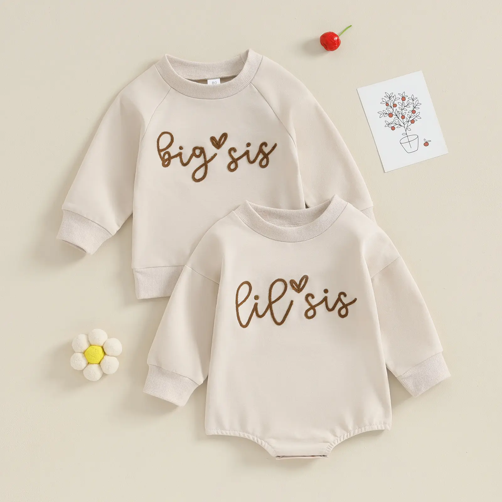 Wholesale Sister Style Baby Kids Girls Romper Sweatshirt Embroidery Design French Terry Fabric Children Clothes