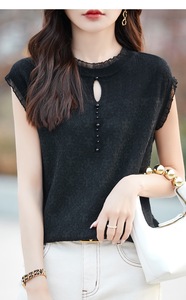 T-shirt en tricot sans manches pour femme, avec dentelle et perles, tendance - Product Image 5