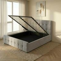 Cadre de lit de rangement moderne en bois de pin rembourré en velours, en forme de coquille, avec vérin à gaz et tête de lit capitonnée pour mobilier de chambre