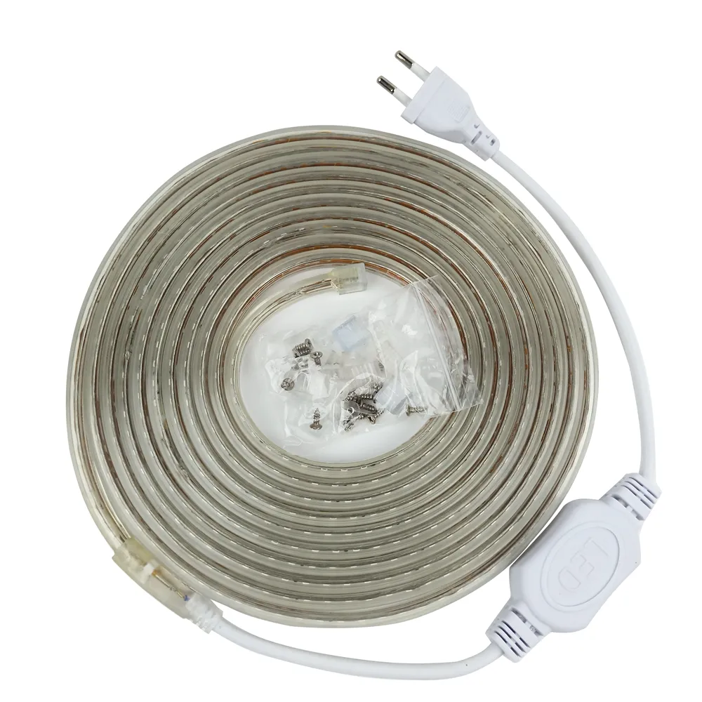 AC 220V SMD2835 120LEDs tahan air IP67 LED STRIP 5meter Rell tegangan tinggi input hangat putih led strip KIT cahaya