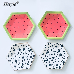 Assiettes en papier hexagonales de couleur pastèque, 10 pouces, 26cm, 8 pièces, pour fête d'été, PP821 - Product Image 2