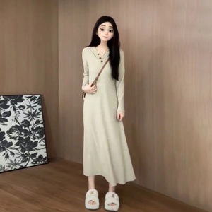 Wheat-colored Long Sleeve V-neck Sweater Dress Natural Waist Solid Color Autumn Winter Women's Inner Layer Dress - Product Image 2