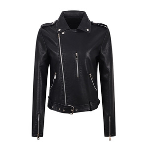 Abrigo de cuero de PU de alta calidad para mujer, estilo motero ajustado, de moda, con efecto lavado - Product Image 1