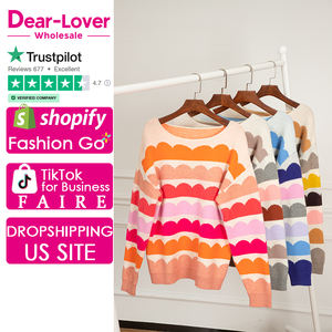 Maglione <span class=keywords><strong>donna</strong></span> a tracolla con manica a palloncino a righe rosa invernale - Product Image 1