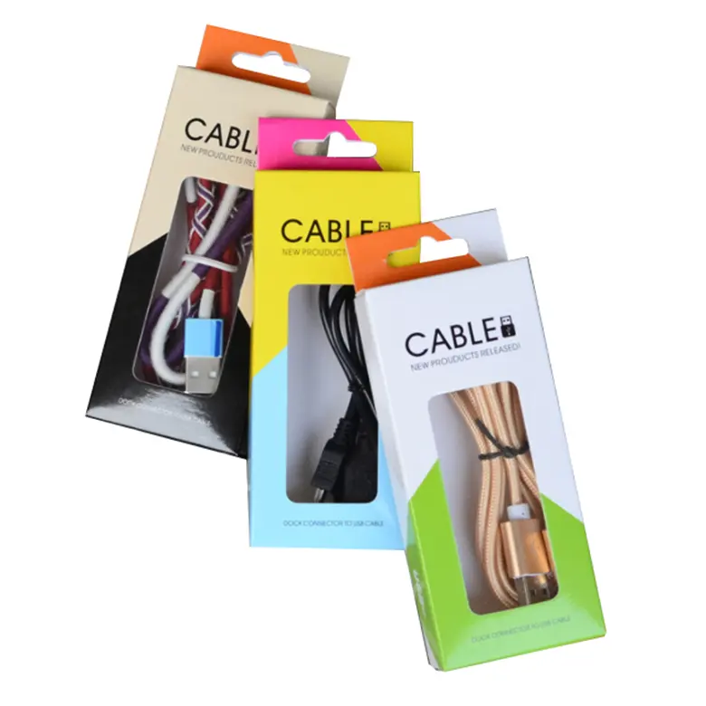 Custom printed Mobile phone data cable paper Packing Boxes with clear window